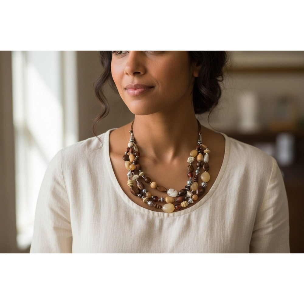 Boho Multi Strand Beaded Statement Necklace Earth Tones Wood Resin Silver Tone
